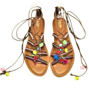 Mossimo Flats Sandals Lace-up Leg Pom-Poms & Beads Kayla Multi-Color Size 7.5